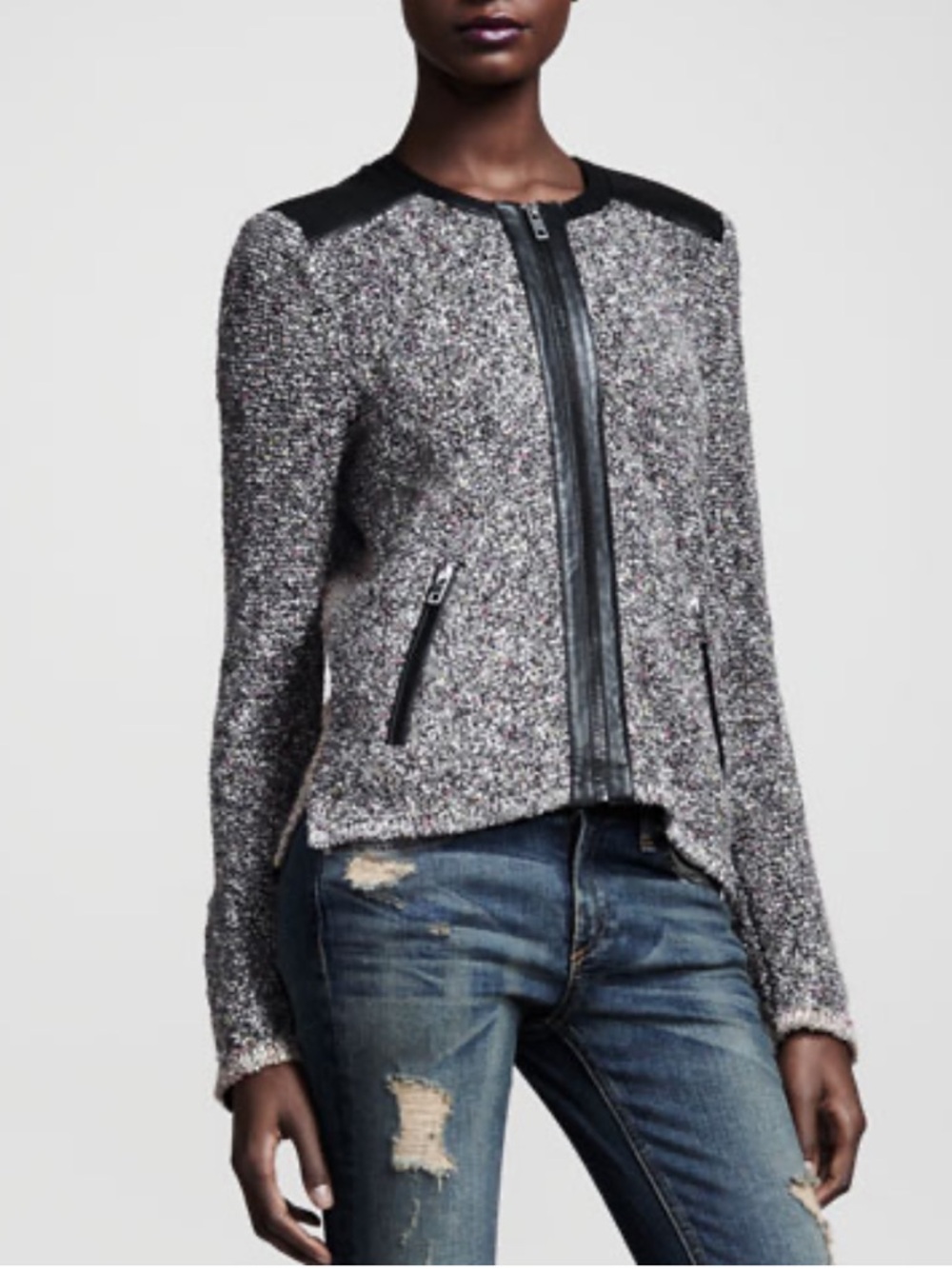 Rag and Bone Lory Tweed Zip Women Jacket Blazer Large Quiet Luxury Lamb Leather